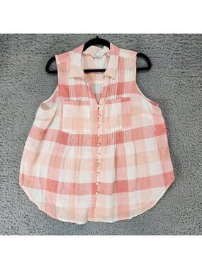 Cafe Marrakesh Top Womens Medium Pink Plaid Sleeveless Button Up Tank